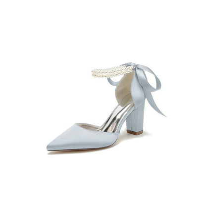 Pointed Toe Pearl Ribbon Ankle Strap Chunky Heel