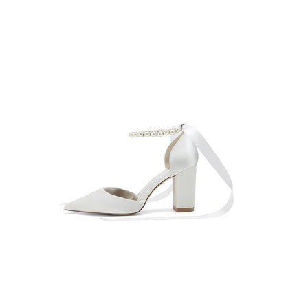 Pearl Ribbon Pointed Toe Ankle Strap Chunky Heel