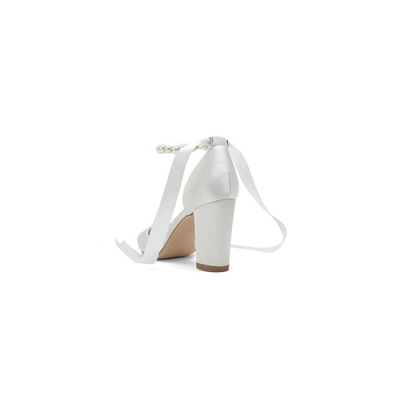 Pearl Ribbon Pointed Toe Ankle Strap Chunky Heel