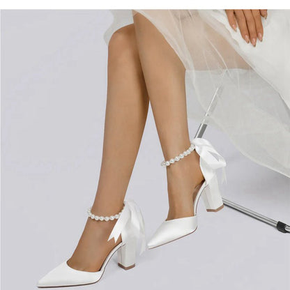 Pearl Ribbon Pointed Toe Ankle Strap Chunky Heel