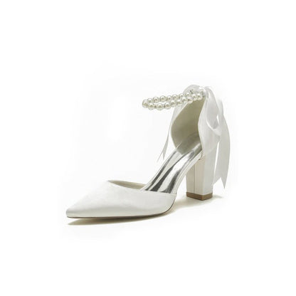 Pearl Ribbon Pointed Toe Ankle Strap Chunky Heel