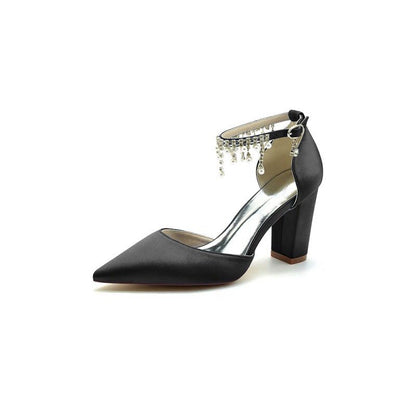 Pearl Beaded Pointed Toe Ankle Strap Chunky Heel