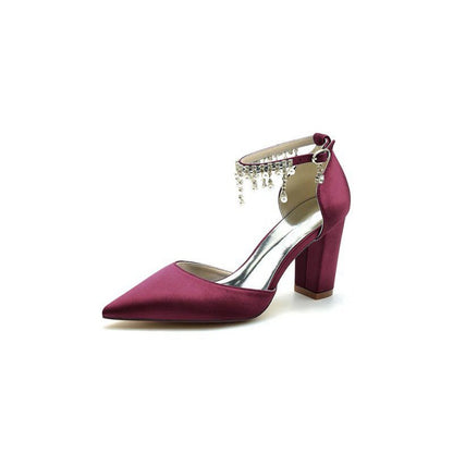 Pearl Beaded Pointed Toe Ankle Strap Chunky Heel