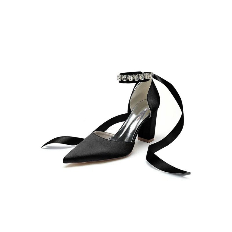 Rhinestone Ribbon Pointed Toe Ankle Strap Chunky Heel