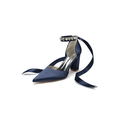 Rhinestone Ribbon Pointed Toe Ankle Strap Chunky Heel