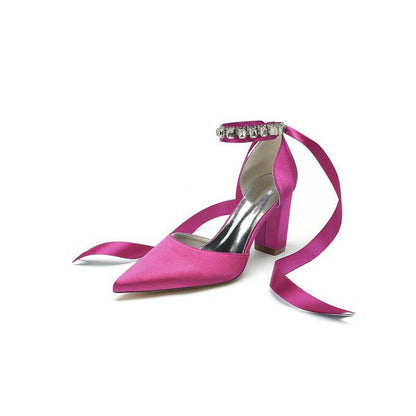 Rhinestone Ribbon Pointed Toe Ankle Strap Chunky Heel