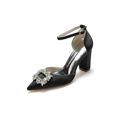 Rhinestone Pointed Toe Ankle Strap Buckle Chunky Heel