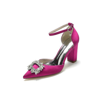 Rhinestone Pointed Toe Ankle Strap Buckle Chunky Heel