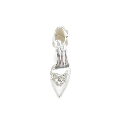 Rhinestone Pointed Toe Ankle Strap Satin Chunky Heel