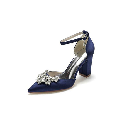 Rhinestone Pointed Toe Ankle Strap Satin Chunky Heel