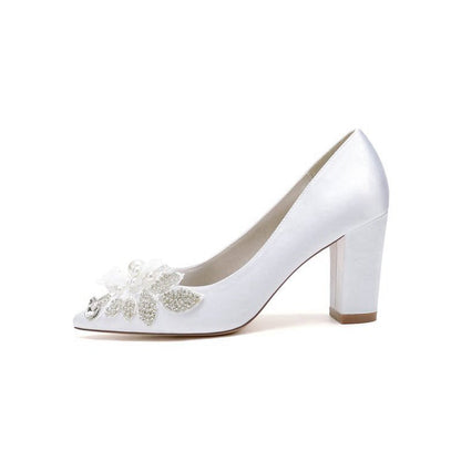 Floral Beaded Pointed Toe Chunky Heel