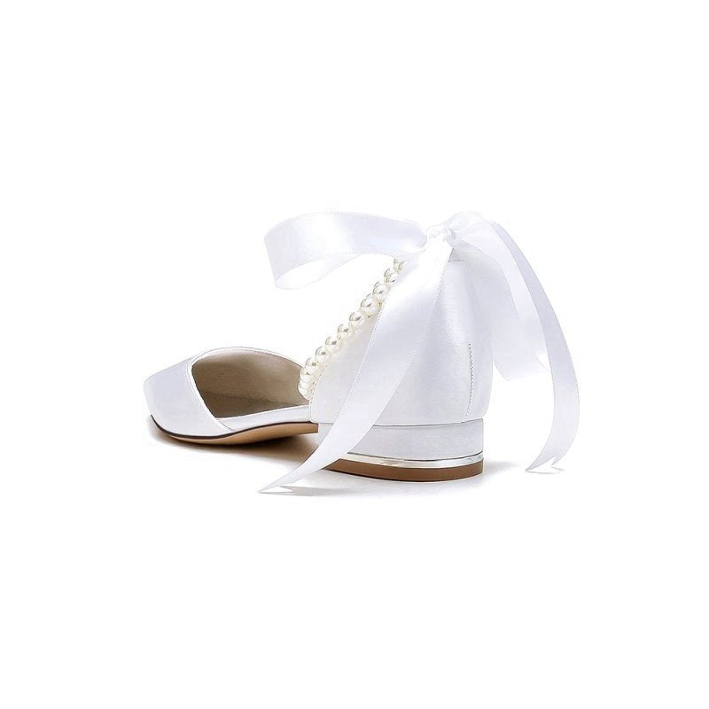 Pointed Toe Pearl Ribbon Ankle Strap Kitten Heels