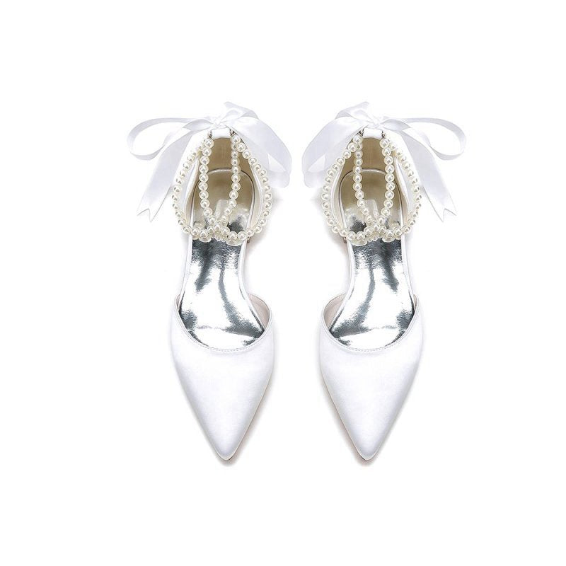 Pointed Toe Pearl Ribbon Ankle Strap Kitten Heels