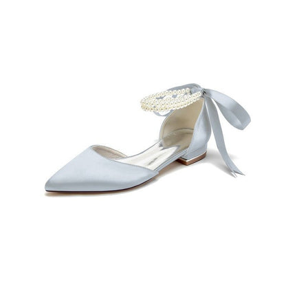 Pointed Toe Pearl Ribbon Ankle Strap Kitten Heels