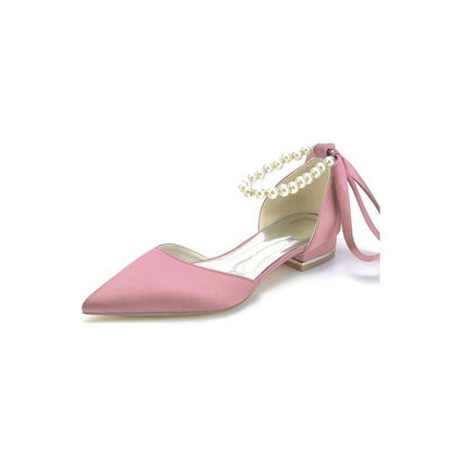 Pearl Ribbon Pointed Toe Ankle Strap Kitten Heels