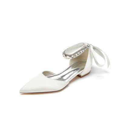 Rhinestone Ribbon Pointed Toe Ankle Strap Kitten Heels