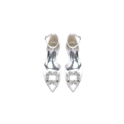 Rhinestone Pointed Toe Ankle Strap Satin Kitten Heels