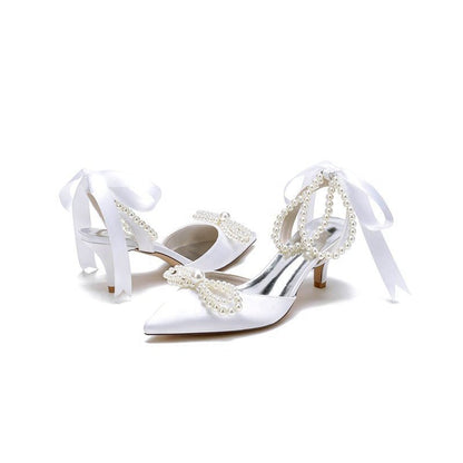 Pearl Ribbon Pointed Toe Ankle Strap High Heels