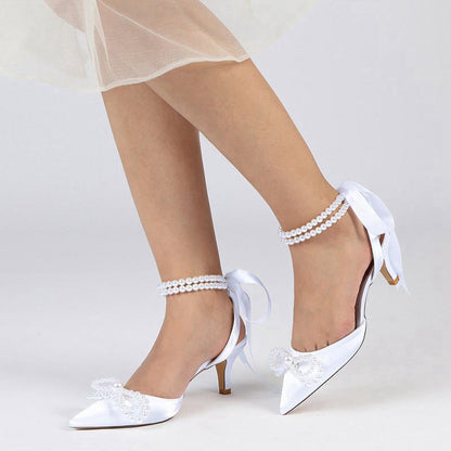 Pearl Ribbon Pointed Toe Ankle Strap High Heels