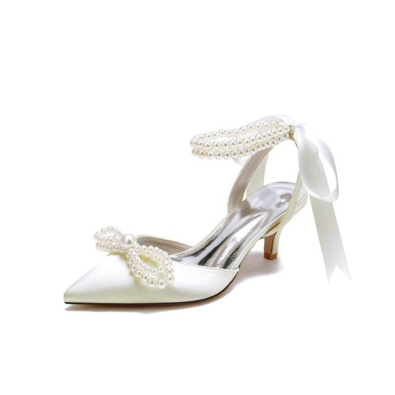 Pearl Ribbon Pointed Toe Ankle Strap High Heels
