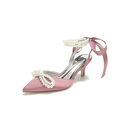 Pearl Ribbon Pointed Toe Ankle Strap High Heels