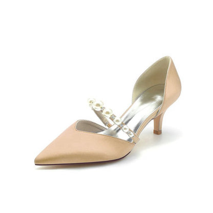 Elegant Satin Pointed Toe Heels with Pearl Strap