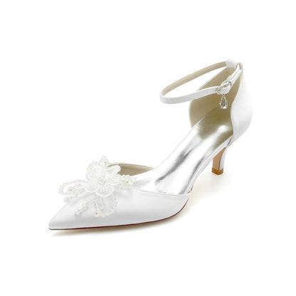 Floral Pointed Toe Beading Kitten Heels