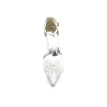 Floral Pointed Toe Beading Kitten Heels