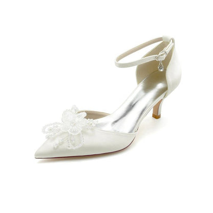 Floral Pointed Toe Beading Kitten Heels
