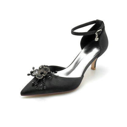 Floral Pointed Toe Beading Kitten Heels