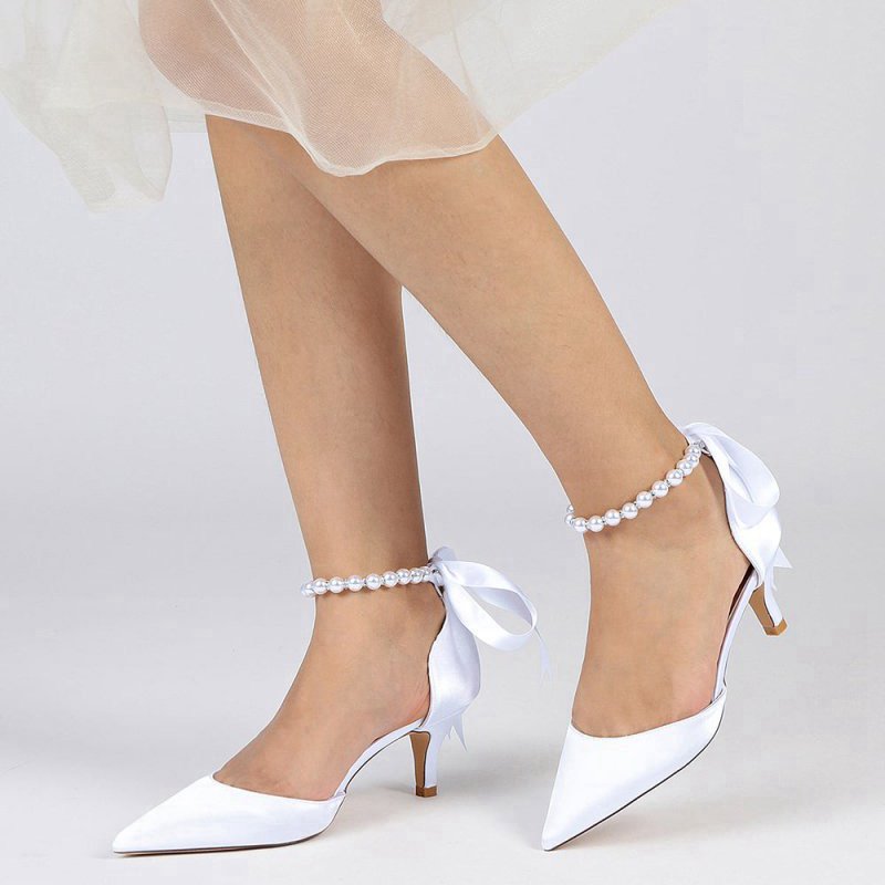 Pointed Toe Ribbons Faux Pearl Pumps