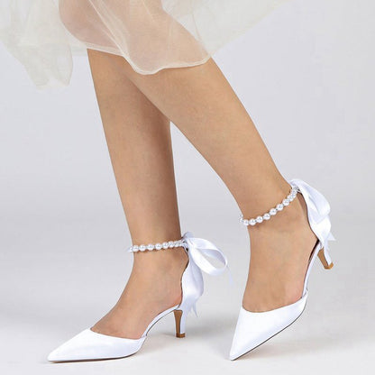 Pointed Toe Ribbons Faux Pearl Pumps