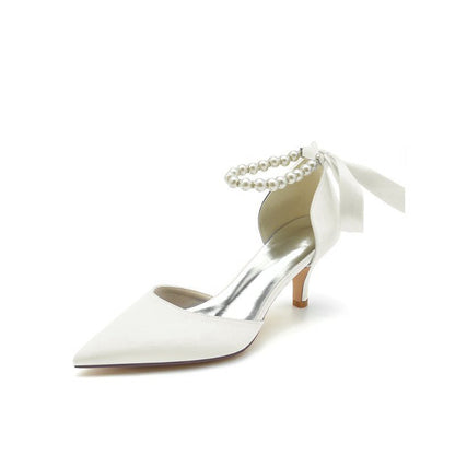 Pointed Toe Ribbons Faux Pearl Pumps