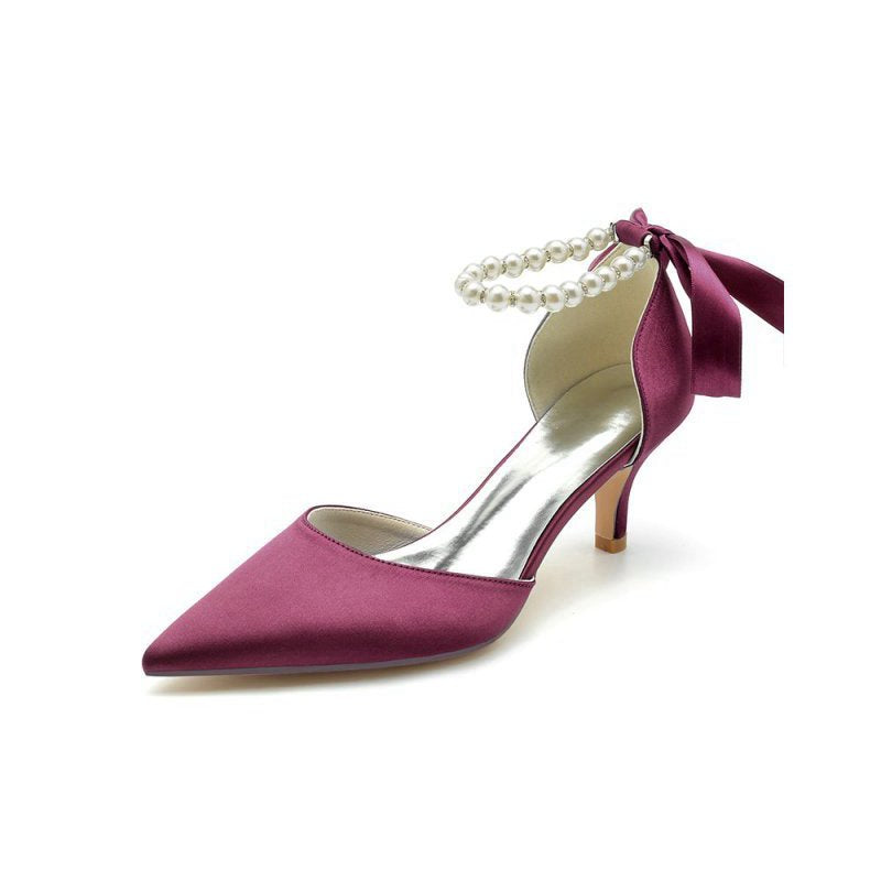 Pointed Toe Ribbons Faux Pearl Pumps
