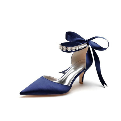 Pointed Toe Ribbons Kitten Heels With Diamond