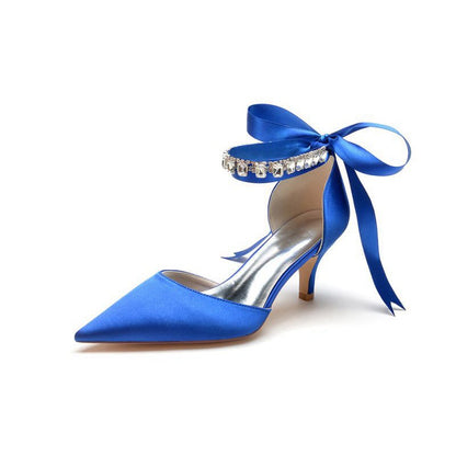 Pointed Toe Ribbons Kitten Heels With Diamond