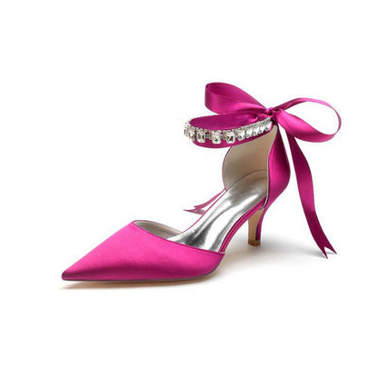 Pointed Toe Ribbons Kitten Heels With Diamond