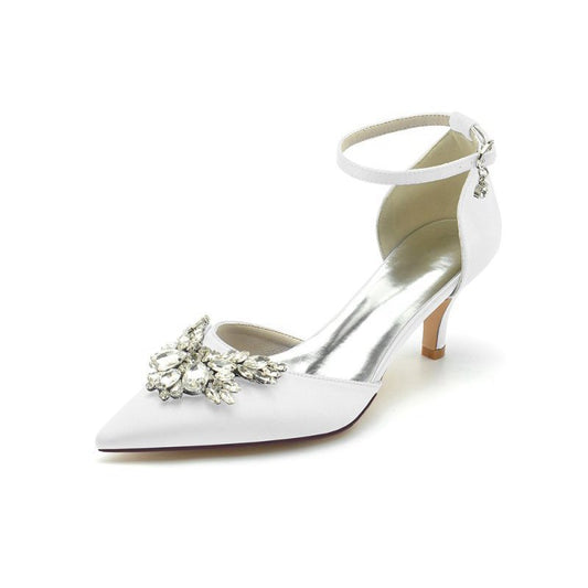 Pointed Toe Satin Kitten Heels With Rhinestone
