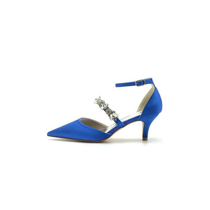 Crystal Strap Pointed Toe Satin Kitten Heels