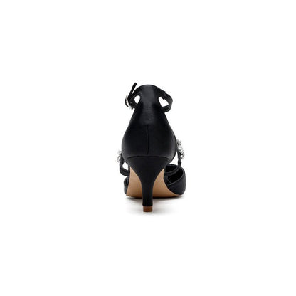 Crystal Strap Pointed Toe Satin Kitten Heels