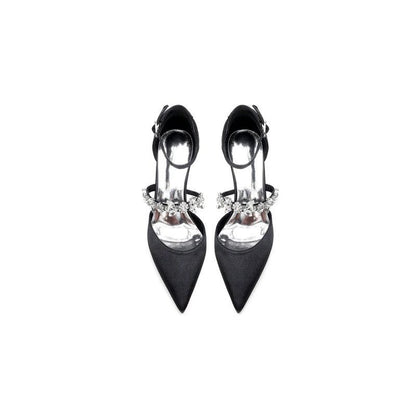 Crystal Strap Pointed Toe Satin Kitten Heels