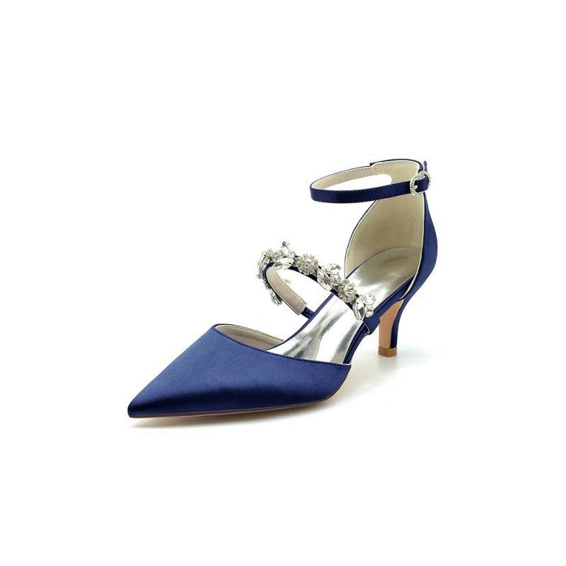 Crystal Strap Pointed Toe Satin Kitten Heels