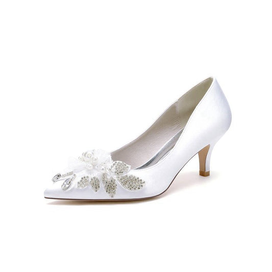 Floral Beading Pointed Toe Satin Kitten Heels
