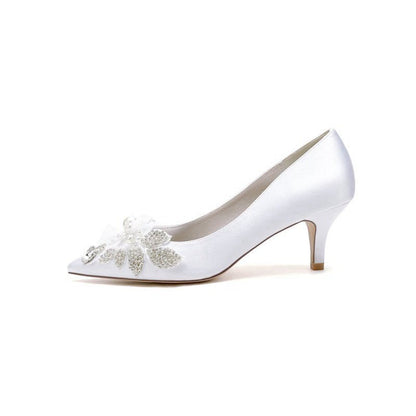 Floral Beading Pointed Toe Satin Kitten Heels