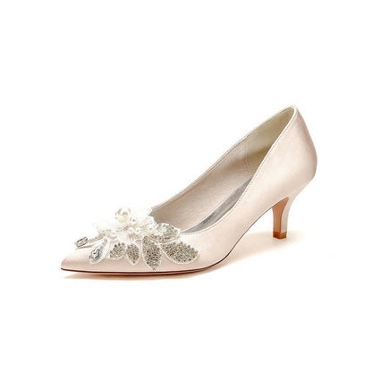 Floral Beading Pointed Toe Satin Kitten Heels