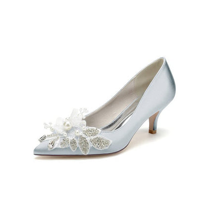 Floral Beading Pointed Toe Satin Kitten Heels