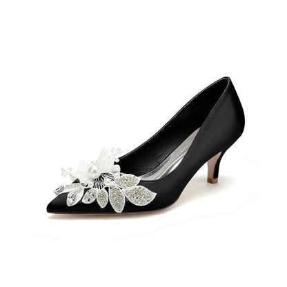Floral Beading Pointed Toe Satin Kitten Heels