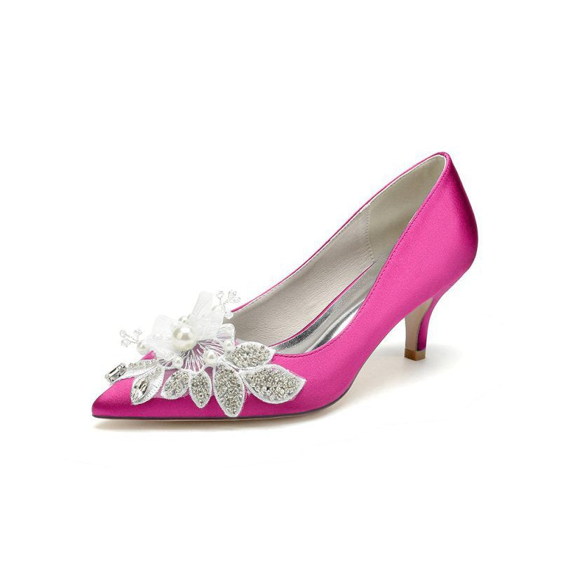 Floral Beading Pointed Toe Satin Kitten Heels