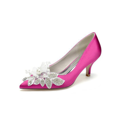 Floral Beading Pointed Toe Satin Kitten Heels
