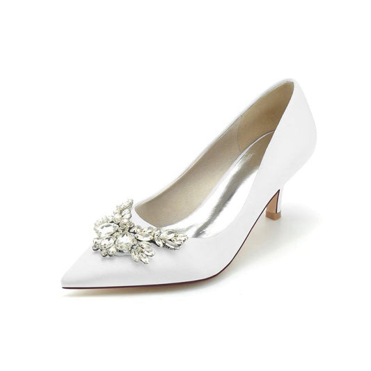 Rhinestone Pointed Toe Satin Kitten Heels